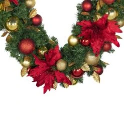 Decorated - 9' X 14" Oregon Fir Garland - Unlit - DELUXE Royal Poinsettia -Christmas Decoration Store dg 914 del rgd ep crop
