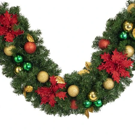 Decorated 9' X 14" Garland Unlit, Elegant Poinsettia 4 Decorated 9' X 14" Garland Unlit, Elegant Poinsettia - Image 2