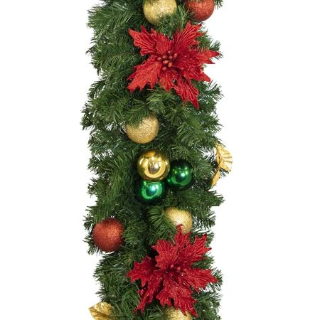 Decorated 9' X 14" Garland Unlit, Elegant Poinsettia 5 Decorated 9' X 14" Garland Unlit, Elegant Poinsettia - Image 3