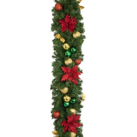 Decorated 9' X 14" Garland Unlit, Elegant Poinsettia 6 Decorated 9' X 14" Garland Unlit, Elegant Poinsettia - Image 4