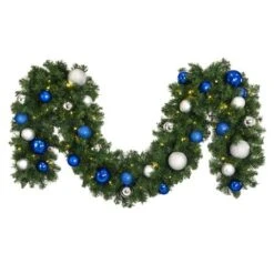 Decorated 9' X 14" Garland Lit, Blue And Silver