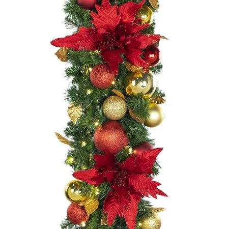 Decorated - 9' X 14" Oregon Fir Garland - LED - DELUXE Royal Poinsettia 4 Decorated - 9' X 14" Oregon Fir Garland - LED - DELUXE Royal Poinsettia - Image 2