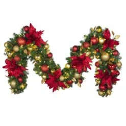 Decorated - 9' X 14" Oregon Fir Garland - LED - DELUXE Royal Poinsettia