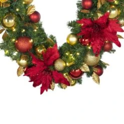 Decorated - 9' X 14" Oregon Fir Garland - LED - DELUXE Royal Poinsettia 8 Decorated - 9' X 14" Oregon Fir Garland - LED - DELUXE Royal Poinsettia -Christmas Decoration Store dg 914 led del rgd ep crop