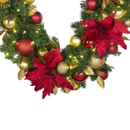 Decorated - 9' X 14" Oregon Fir Garland - LED - DELUXE Royal Poinsettia 5 Decorated - 9' X 14" Oregon Fir Garland - LED - DELUXE Royal Poinsettia - Image 3