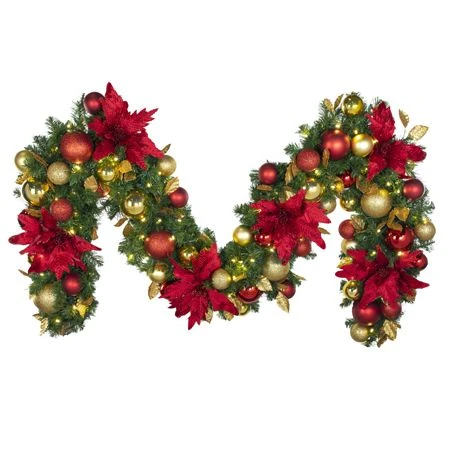 Decorated - 9' X 14" Oregon Fir Garland - LED - DELUXE Royal Poinsettia 3 Decorated - 9' X 14" Oregon Fir Garland - LED - DELUXE Royal Poinsettia