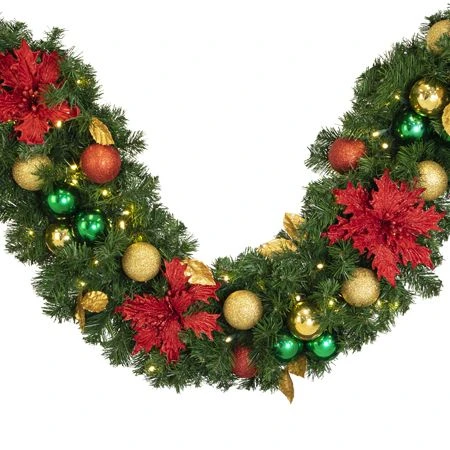 Decorated 9' X 14" Garland Lit, Elegant Poinsettia 4 Decorated 9' X 14" Garland Lit, Elegant Poinsettia - Image 2