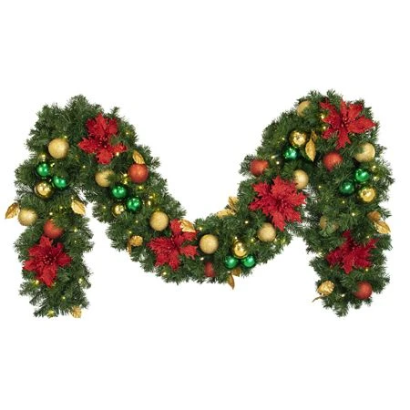 Decorated 9' X 14" Garland Lit, Elegant Poinsettia 3 Decorated 9' X 14" Garland Lit, Elegant Poinsettia