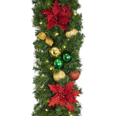 Decorated 9' X 14" Garland Lit, Elegant Poinsettia 5 Decorated 9' X 14" Garland Lit, Elegant Poinsettia - Image 3