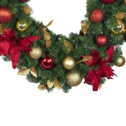 Decorated - 9' X 18" Oregon Fir Garland - Unlit - DELUXE Royal Poinsettia -Christmas Decoration Store dg 918 del rgd ep crop