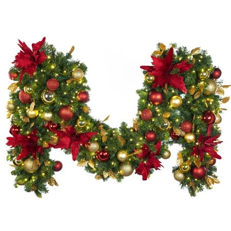 Decorated - 9' X 18" Oregon Fir Garland - LED - DELUXE Royal Poinsettia 3 Decorated - 9' X 18" Oregon Fir Garland - LED - DELUXE Royal Poinsettia