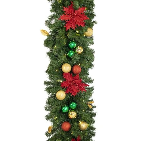 Decorated 9' X 18" Garland Lit, Elegant Poinsettia 6 Decorated 9' X 18" Garland Lit, Elegant Poinsettia - Image 4