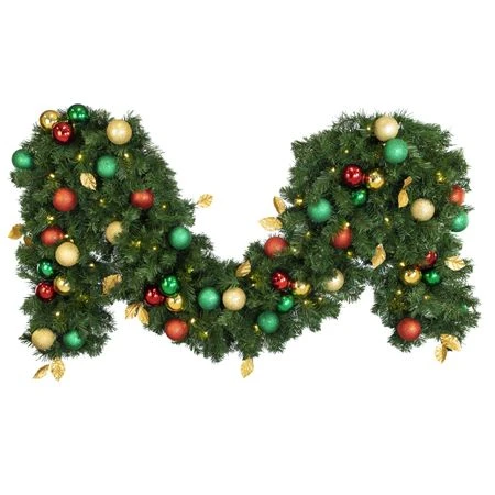 Decorated 9' X 18" Garland Lit, Traditional 3 Decorated 9' X 18" Garland Lit, Traditional