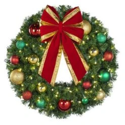 30" Lit LED Warm White Decorated Wreath - Colors Of The Holidays - Bow Option Available -Christmas Decoration Store dw 30 led coth b vb 12 rgt1