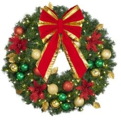 30" Lit LED Warm White Decorated Wreath - Elegant Poinsettia - Bow Option Available -Christmas Decoration Store dw 30 led ep b vb 12 rgt