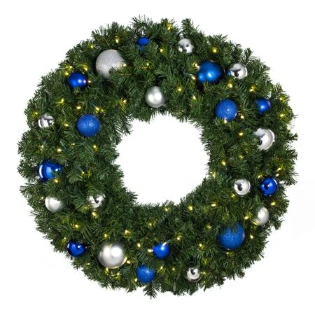 36" Lit LED Warm White Decorated Wreath - Blue And Silver Décor - Bow Option Available 3 36" Lit LED Warm White Decorated Wreath - Blue And Silver Décor - Bow Option Available