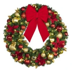 36" Lit LED Warm White Decorated Wreath - DELUXE Royal Poinsettia - Bow Option Available -Christmas Decoration Store dw 36 led del rgd ep b vb 12 r