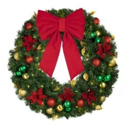 36" Lit LED Warm White Decorated Wreath - Elegant Poinsettia - Bow Option Available -Christmas Decoration Store dw 36 led ep b vb 12 r
