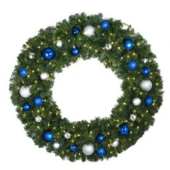 48" Lit LED Warm White Decorated Wreath - Blue And Silver Décor - Bow Option Available