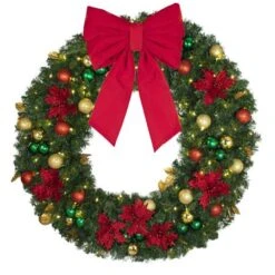 48" Lit LED Warm White Decorated Wreath - Elegant Poinsettia - Bow Option Available -Christmas Decoration Store dw 48 led ep b vb 18 r