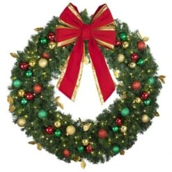 48" Lit LED Warm White Decorated Wreath - Traditional Décor - Bow Option Available -Christmas Decoration Store dw 48 led t b vb 18 rgt