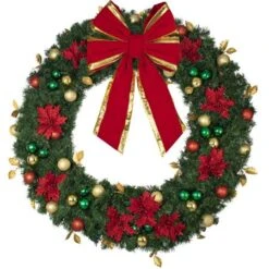 60" Unlit Decorated Wreath - Elegant Poinsettia - Bow Option Available -Christmas Decoration Store dw 60 ep b vb 24 rgt