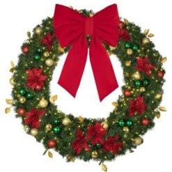 72" Lit LED Warm White Decorated Wreath - Elegant Poinsettia - Bow Option Available -Christmas Decoration Store dw 60 led ep b vb 24 r 1