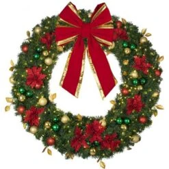 60" Lit LED Warm White Decorated Wreath - Elegant Poinsettia - Bow Option Available -Christmas Decoration Store dw 60 led ep b vb 24 rgt