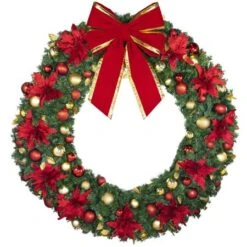 72" Unlit Decorated Wreath - DELUXE Royal Poinsettia - Bow Option Available -Christmas Decoration Store dw 72 del ep b vb 24 rgt