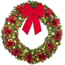 72" Lit LED Warm White Decorated Wreath - DELUXE Royal Poinsettia - Bow Option Available -Christmas Decoration Store dw 72 led del ep b vb 24 r
