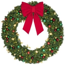 72" Lit LED Warm White Decorated Wreath - Traditional Décor - Bow Option Available -Christmas Decoration Store dw 72 led t b vb 24 r