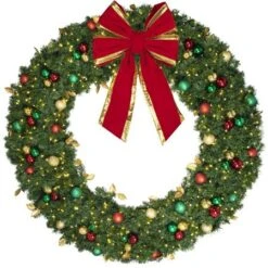 72" Lit LED Warm White Decorated Wreath - Traditional Décor - Bow Option Available -Christmas Decoration Store dw 72 led t b vb 24 rgt