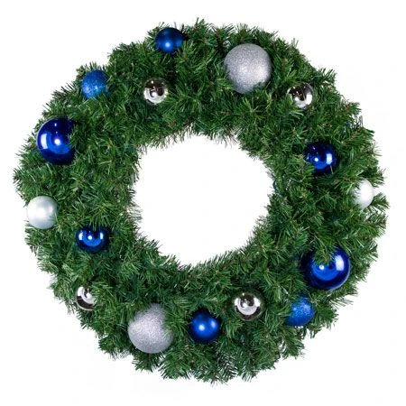 30" Unlit Decorated Wreath - Blue And Silver Décor - Bow Option Available 3 30" Unlit Decorated Wreath - Blue And Silver Décor - Bow Option Available