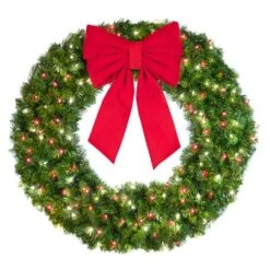 48" Lit Pure White And Red Deluxe Oregon Fir Wreath - Bow Option Available -Christmas Decoration Store w 48 dofl 6 pwr b vb 18 r