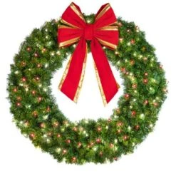 48" Lit Pure White And Red Deluxe Oregon Fir Wreath - Bow Option Available -Christmas Decoration Store w 48 dofl 6 pwr b vb 18 rgt