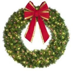 48" Lit Warm White And Red Deluxe Oregon Fir Wreath - Bow Option Available -Christmas Decoration Store w 48 dofl 6 wwr b vb 18 rgt