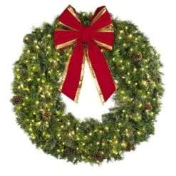 60" Lit Warm White Deluxe Mixed Pine Wreath - Bow Option Available -Christmas Decoration Store w 60 mpl t6 ww b vb 24 rgt 3