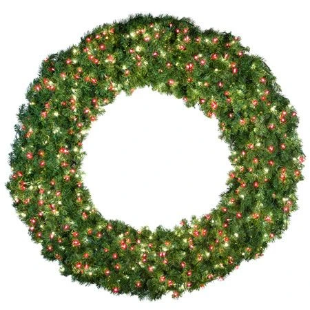 72" Lit Pure White And Red Deluxe Oregon Fir Wreath - Bow Option Available 3 72" Lit Pure White And Red Deluxe Oregon Fir Wreath - Bow Option Available