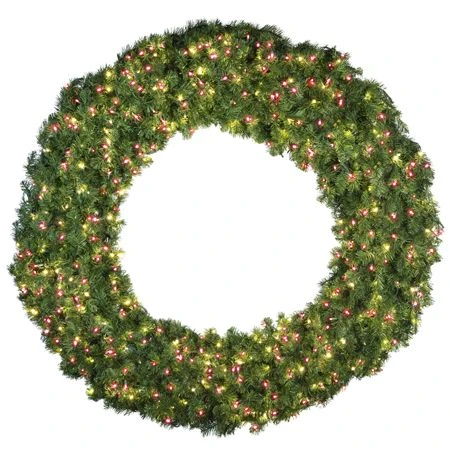 72" Lit Warm White And Red Deluxe Oregon Fir Wreath - Bow Option Available 3 72" Lit Warm White And Red Deluxe Oregon Fir Wreath - Bow Option Available